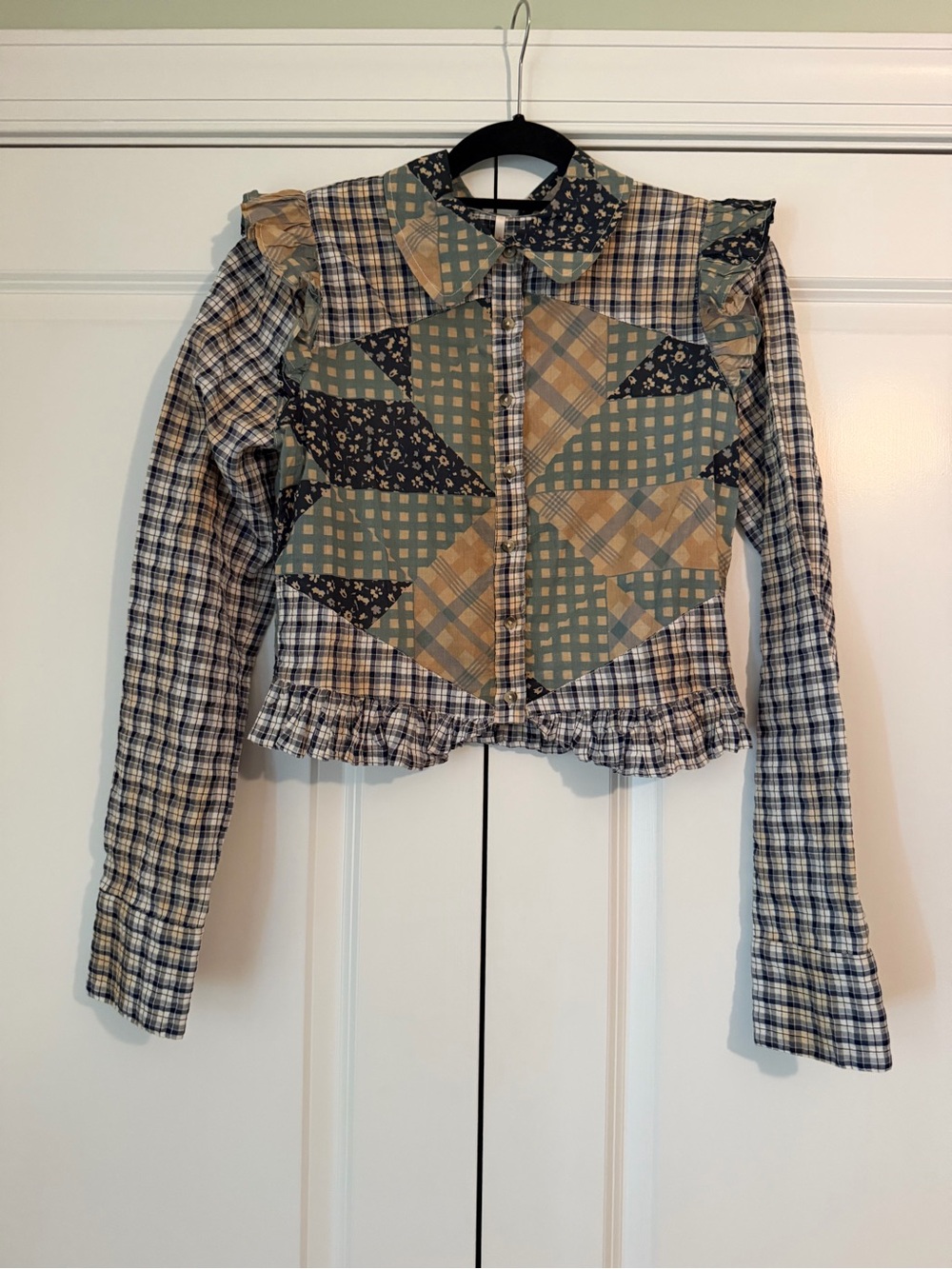 Free People Patchwork Plaid Ruffle Button-Front Crop Top in Green, Navy, Tan